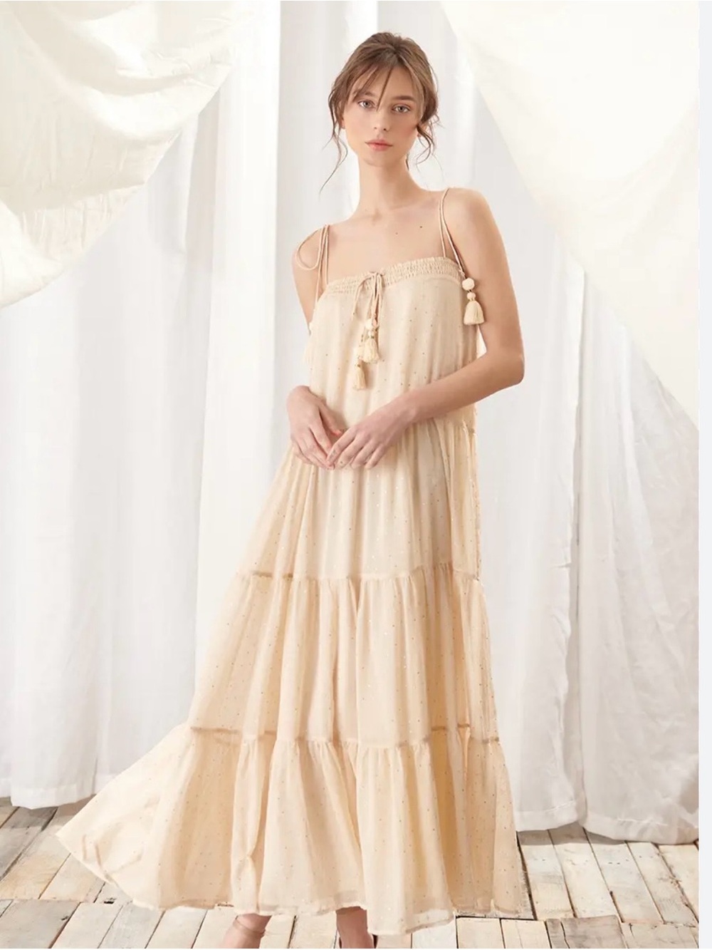 Storia Star Dotted Tasseled Maxi Dress Sz M Cream Boho Cottagecore Ruffled